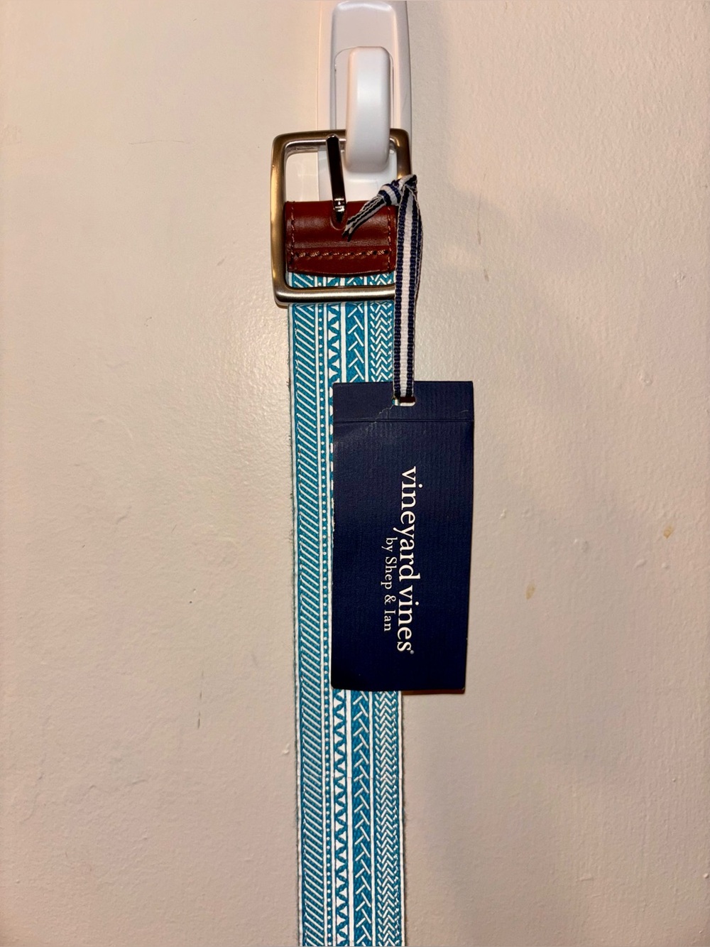 Vineyard Vines Teal Patterned Web Belt with Brown Leather Trim